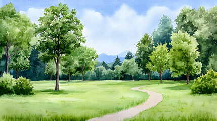 Watercolor painting of forest road landscape
