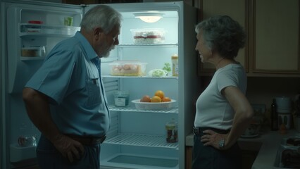 Fototapeta premium Elderly caucasian couple looking into refrigerator at night in kitchen