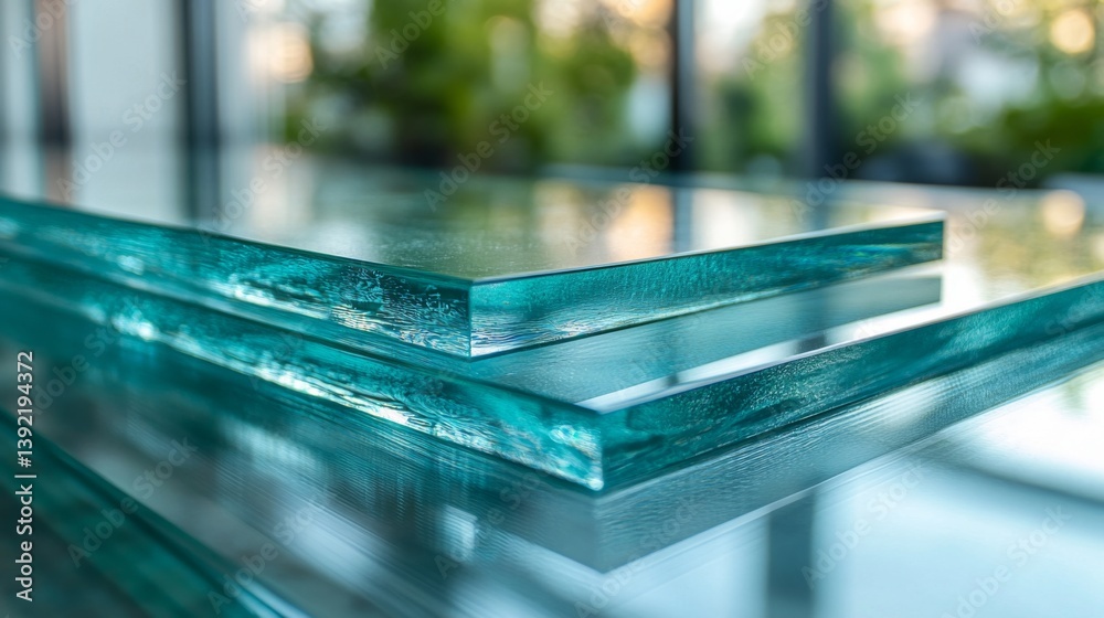 Poster transparent glass panels are stacked neatly, demonstrating their smooth surface and reflective quali