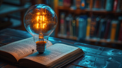 An incandescent lightbulb. A book, displaying a brain  gaining knowledge, understanding and creativity.