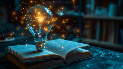 An incandescent lightbulb. A book, displaying a brain  gaining knowledge, understanding and creativity.