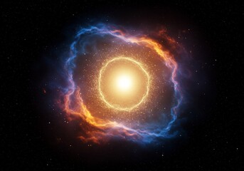 Obraz premium Cosmic energy sphere glowing bright fiery orange and cool blue nebula swirl. AI Generated