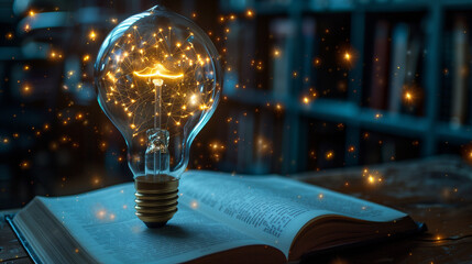An incandescent lightbulb. A book, displaying a brain  gaining knowledge, understanding and creativity.