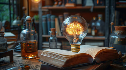 An incandescent lightbulb. A book, displaying a brain  gaining knowledge, understanding and creativity.