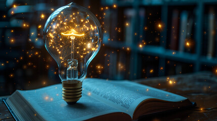 An incandescent lightbulb. A book, displaying a brain  gaining knowledge, understanding and creativity.