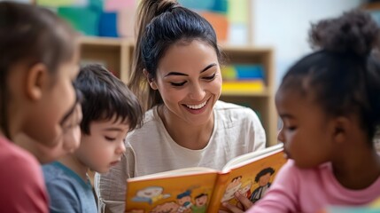 Obraz premium Caring preschool teacher reading a storybook to a diverse group of toddlers in a joyful learning atmosphere.
