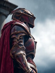 A knight's armor, battered and weathered, stands defiantly against a fierce wind and driving rain - combat antique suit