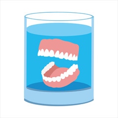 Dentures Soaking in a Glass of Water. Illustration of dentures submerged in a glass of water, representing dental care or hygiene
