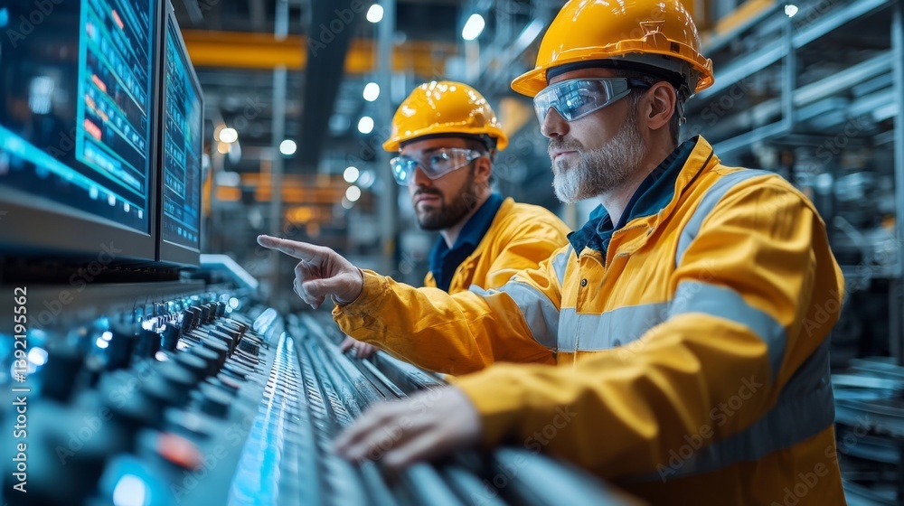 Aufkleber Two operators oversee machinery controls in a state of the art mining facility, engaged in precise tasks related to excavation and metal processing in a busy industrial environment.