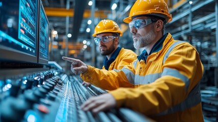 Two operators oversee machinery controls in a state of the art mining facility, engaged in precise tasks related to excavation and metal processing in a busy industrial environment.