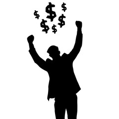 silhouette of businessman managed to raise both hands and there was a dollar marks above them