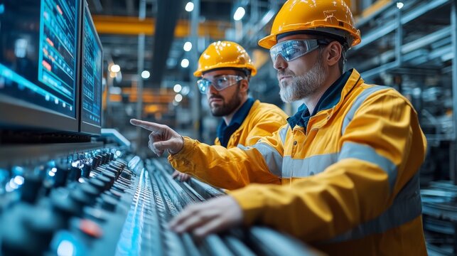 Two operators oversee machinery controls in a state of the art mining facility, engaged in precise tasks related to excavation and metal processing in a busy industrial environment.