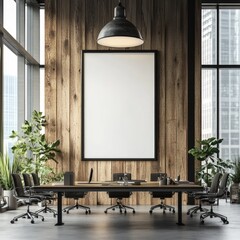 Modern meeting room with wooden paneling, large blank frame, and city views