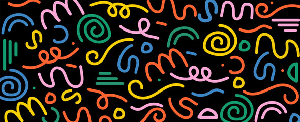 Memphis seamless geometric pattern. Multicolored abstract background in retro style of the 80s, 90s with various shapes: circles, dots, zigzags, spirals, wavy lines. eps 10