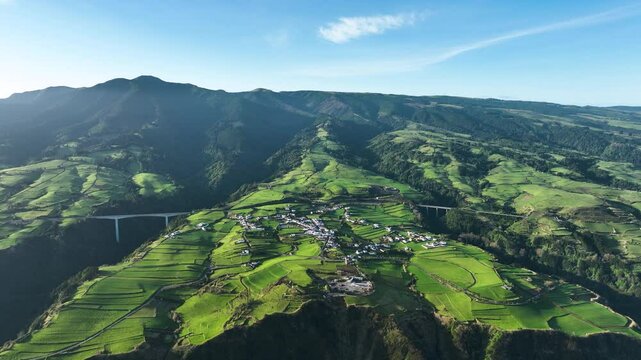 Algarvia village in Nordeste below Pico da Vara on S&atilde;o Miguel, sunrise aerial