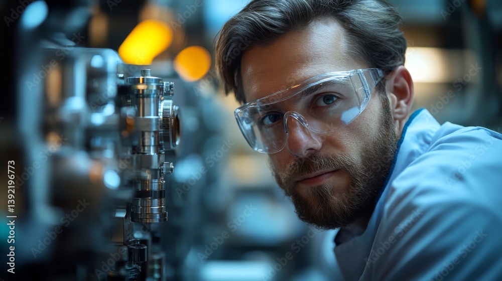 Aufkleber A technician with protective eyewear is concentrating on complex machinery in a high tech industrial facility. The environment highlights the importance of precision in extraction and fabrication.