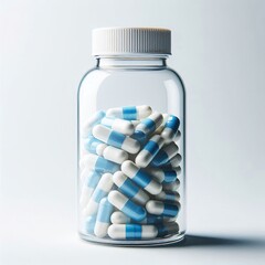 Clear vitamin bottle with a white, smooth cap. The bottle is filled to the top with blue and white capsules on a white background