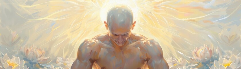 Man experiencing enlightenment with golden light emanating from his head