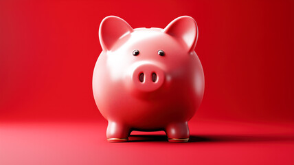 A pink piggy bank against a matching red background, symbolizing savings, financial planning, and economic stability.