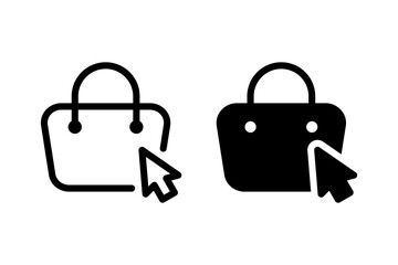 shopping bag icon with a cursor pointing. Represents online shopping, ecommerce, and digital purchasing. Clean line art design suitable for web and print use