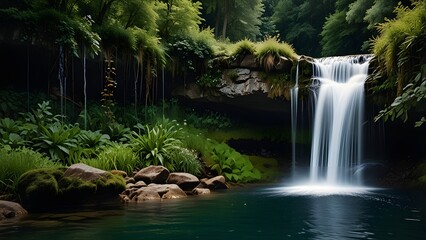  A waterfall cascading into aß natural pool surrounded by lush greenery