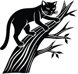 Cat Climbing Tree Silhouette Illustration: Detailed Black and White Feline in Nature Scene with Leafy Branches. Adobe Illustrator Artwork