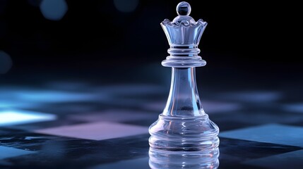 Glowing glass chess queen in a dark setting