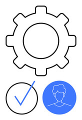 Gear, checkmark in circle, and user profile icon symbolize processes, efficiency, user management, and success. Ideal for productivity, workflow, teamwork validation decision-making