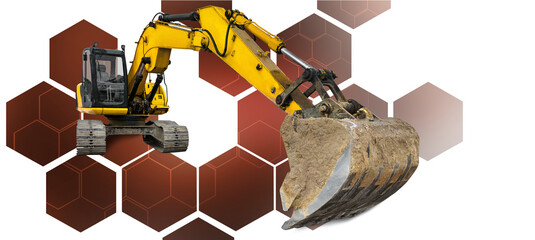 An excavator stands prominently, ready to dig into the earth, set against a bold, abstract background that enhances its industrial might.