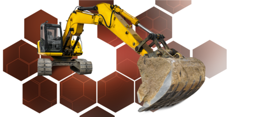 An excavator stands prominently, ready to dig into the earth, set against a bold, abstract background that enhances its industrial might.