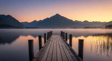 Serene sunrise over misty lake wooden pier. AI Generated