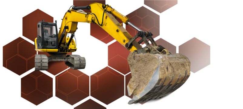 An excavator stands prominently, ready to dig into the earth, set against a bold, abstract background that enhances its industrial might.