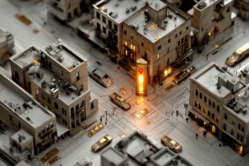 Abstract urban scene with intricate buildings and illuminated intersection.