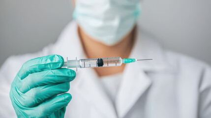 doctor holding syringe filled with vaccine, wearing gloves and mask, ready for injection