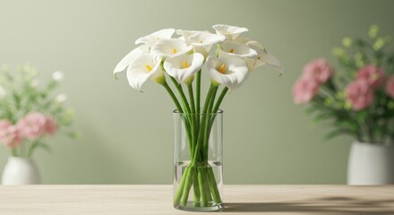 Elegant White Calla Lilies in Glass Vase on Table &ndash; Minimalist Centerpiece with Light Background