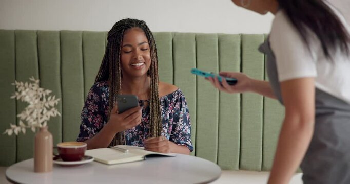 Happy woman, customer and tap with pos machine at cafe for purchase, drink or wireless transaction. Female person, waitress and smile with phone for remote payment, NFC or fintech at coffee shop