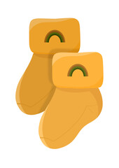 Yellow baby socks with a folded cuff, featuring a small rainbow design. 