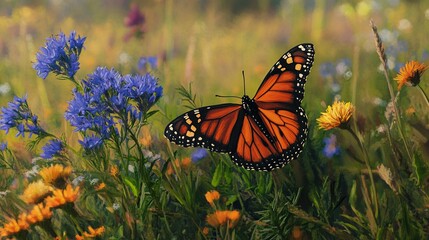 Obraz premium A monarch butterfly fluttering among wildflowers in a North American meadow, its vibrant orange and black wings contrasting with the bright blues and yellows of the blooms.