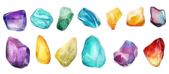 Fototapeta premium Watercolor collection of colorful gemstone rocks