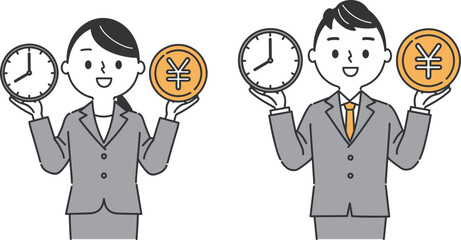 時計と円硬貨を持つビジネスパーソン　上半身　ベクター