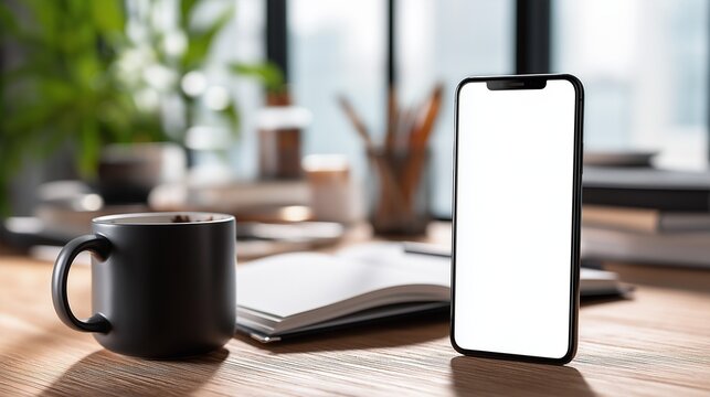 smartphone mockup and cup of coffee sit on  wooden desk in well-lit office