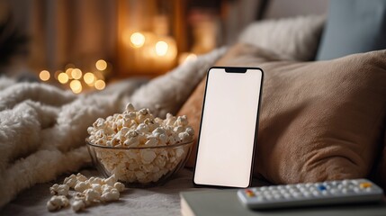 Smartphone mockup popcorn and remote on cozy couch creating perfect home cinema setting
