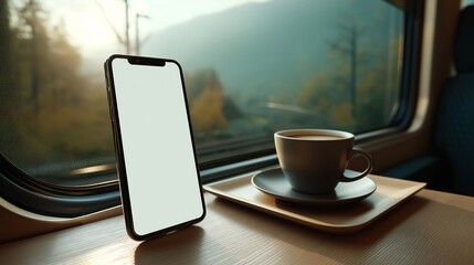 modern smartphone mockup with blank screen standing next to cup of coffee on tray inside train