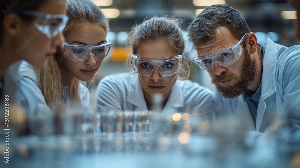 Poster a group of four professionals in laboratory coats and safety goggles examines mineral samples with p
