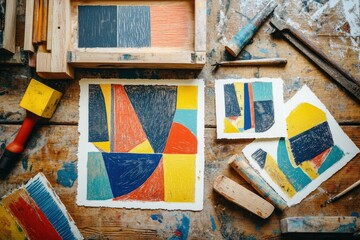 A vibrant workspace filled with colorful hand-carved stamps and printed designs on textured wood. showcasing the artistry of printmaking in a creative environment
