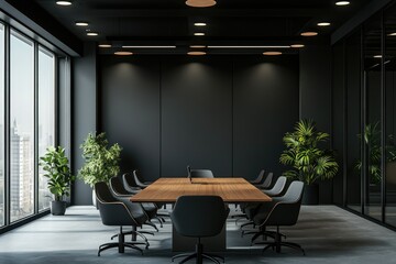 Modern conference room featuring a large wooden table surrounded by sleek black chairs. illuminated by stylish pendant lights against a dark wall. ideal for business meetings