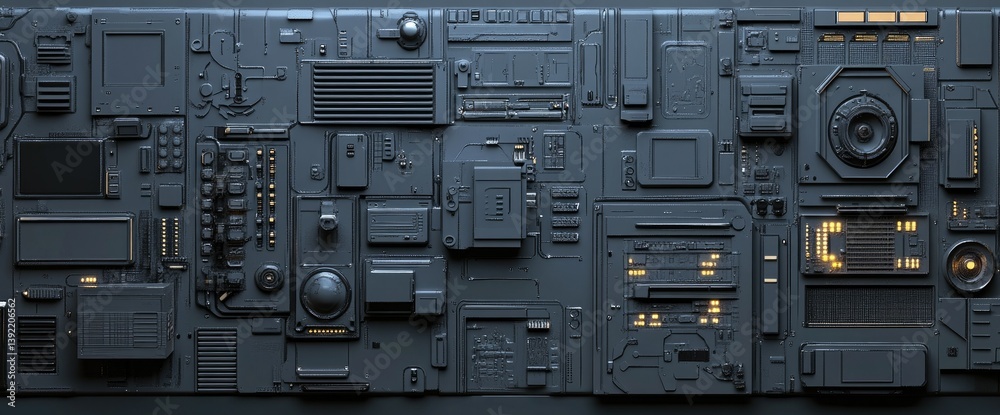 Poster a detailed close-up of a complex array of electronic components and circuits arranged on a dark surf
