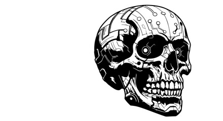 Robotic skull illustration cyberpunk style, monochrome blue, representing technology mortality against white background [with copy space]