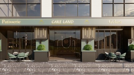 Elegant Modern Patisserie and Gelato Shop Exterior with Outdoor Seating, 3D Render