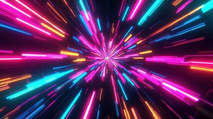 Naklejka premium A neon explosion of geometric shapes, radiating outward with colors ranging from hot pink to electric blue on a black field.